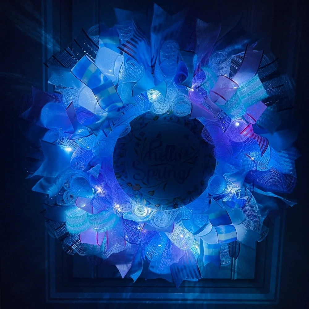 Handmade Hello Spring Prelit Ribbon Wreath 22 in LED W3